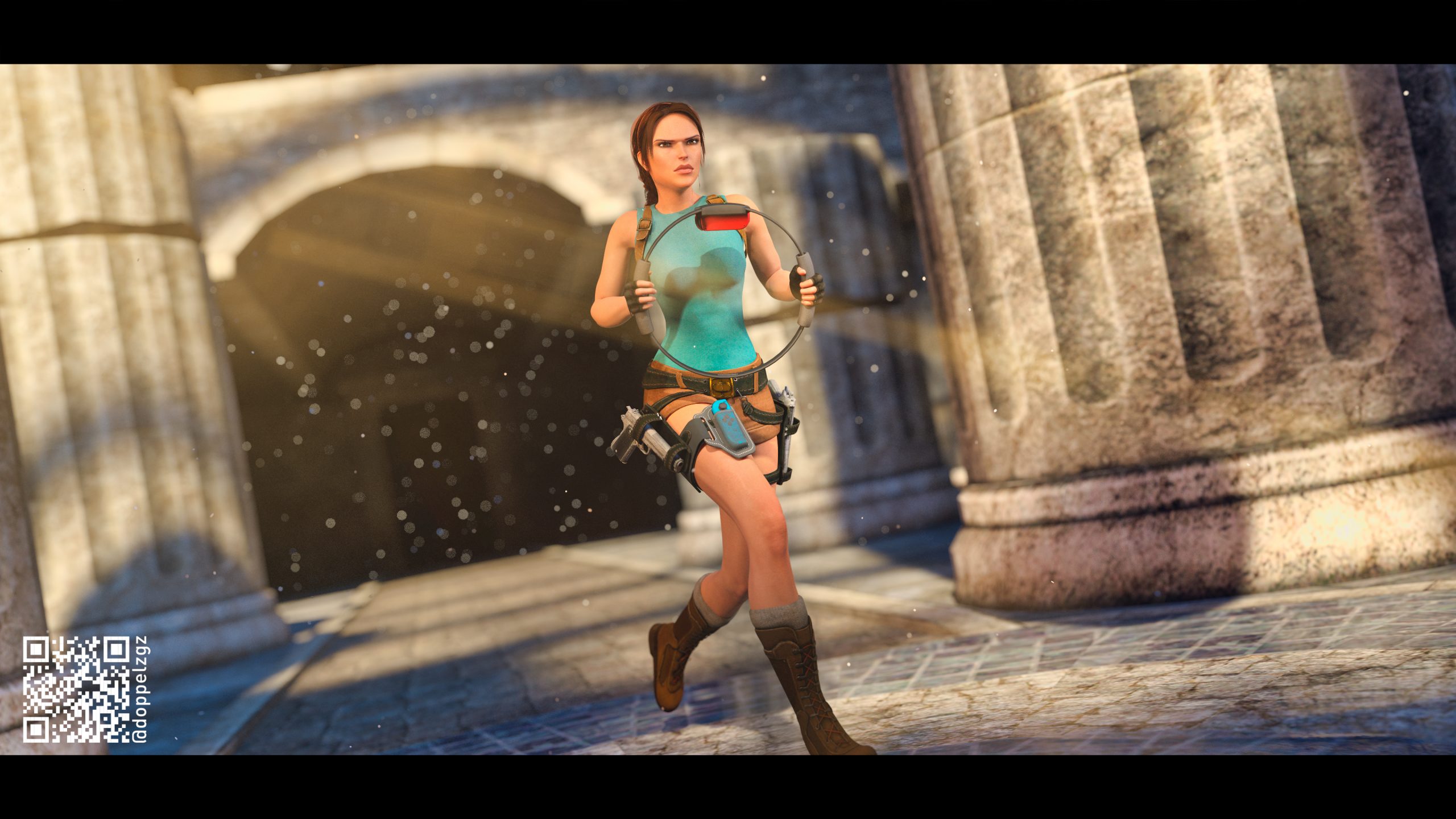 Lara Croft Corriendo con Ring Con, el periferico utilizado para jugar a Ring FIt Adventure