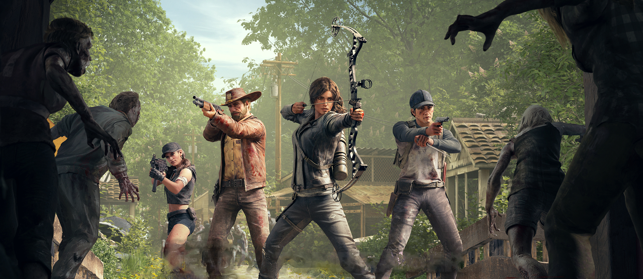 Lara Croft en The Walking Dead apuntando con su arco a los Zombies