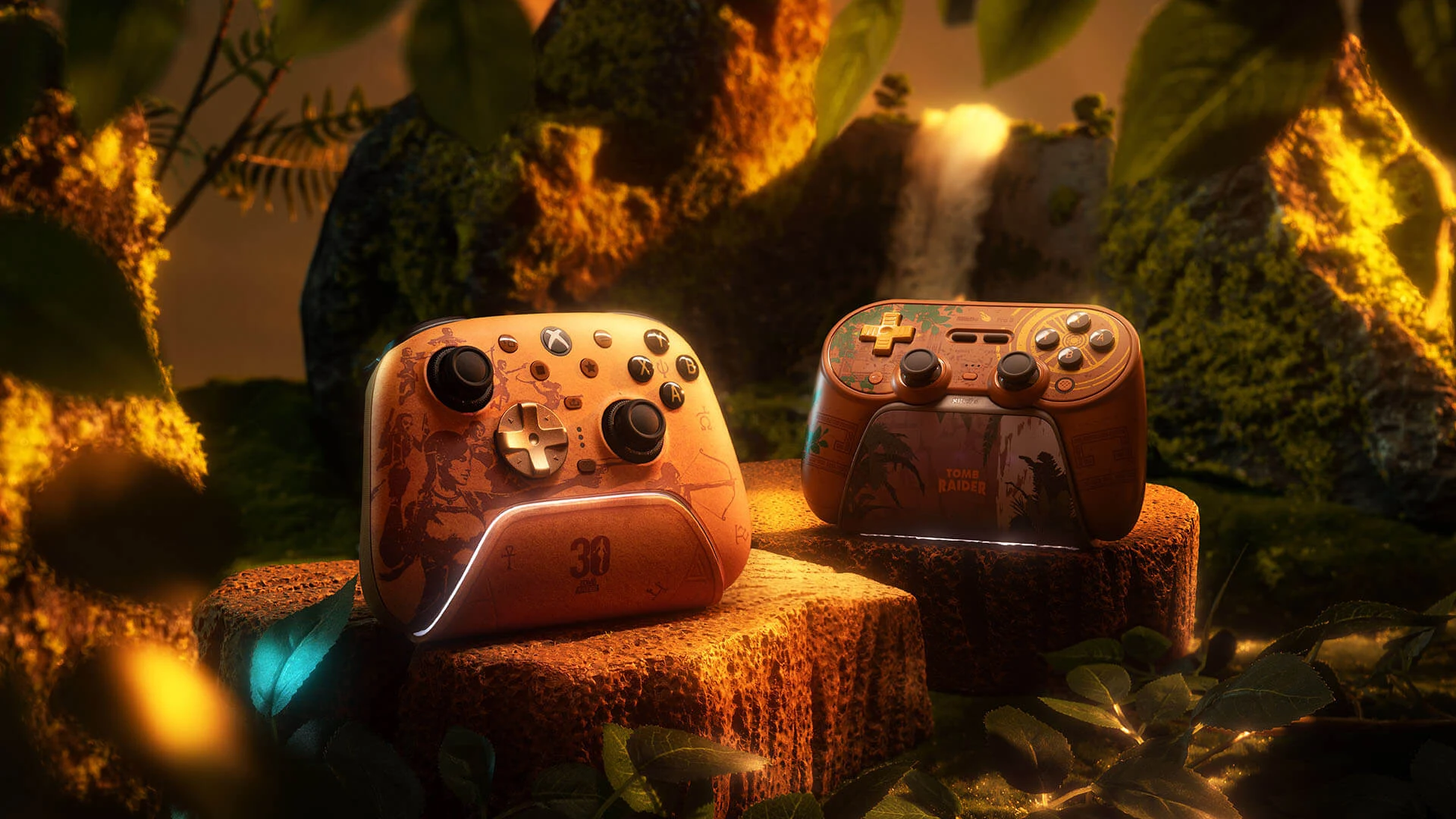 Mandos oficiales 8BitDo Tomb Raider 30th Anniversary Edition Pro 3 y Ultimate 3 sobre fondo de ruinas arqueológicas