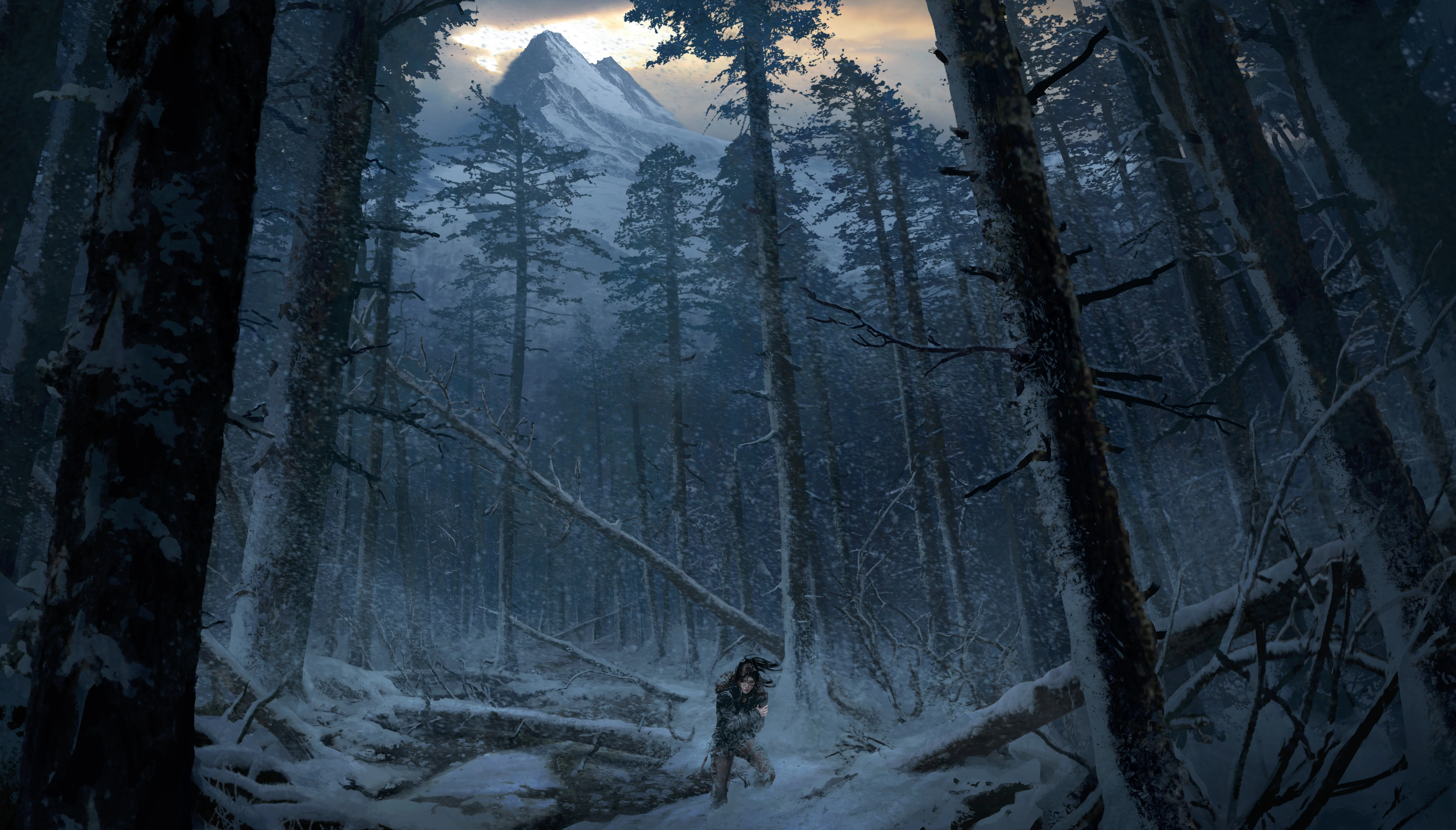 Lara Croft sosteniendo una bengala roja en medio de la nieve y los bosques siberianos en Rise of the Tomb Raider