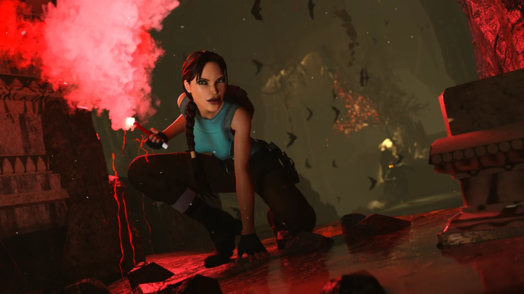 Lara Croft explorando con una bengala roja las ruinas subterráneas en Tomb Raider The Secret of Shangri-La