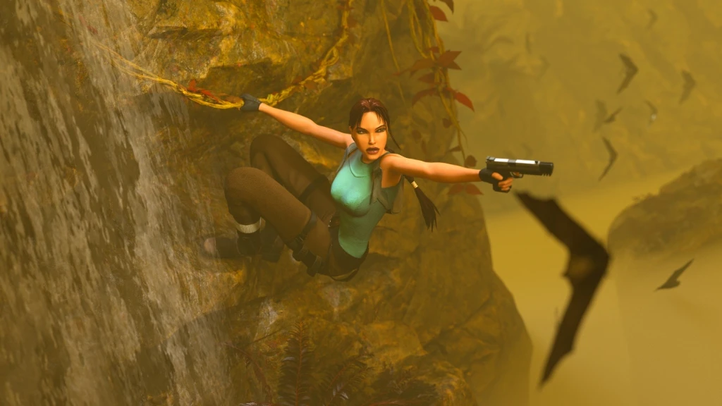 Lara Croft descendiendo en rapel por el desfiladero de Tsangpo con su pistola en el juego cancelado Tomb Raider The Secret of Shangri-La