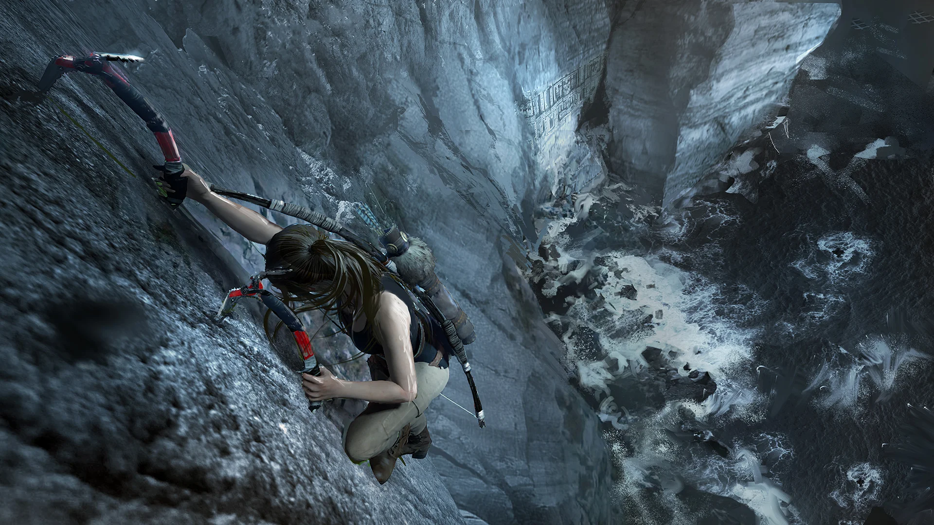 Vista panorámica de la arquitectura prehispánica y terrazas ceremoniales de la ciudad oculta de Paititi en Shadow of the Tomb Raider