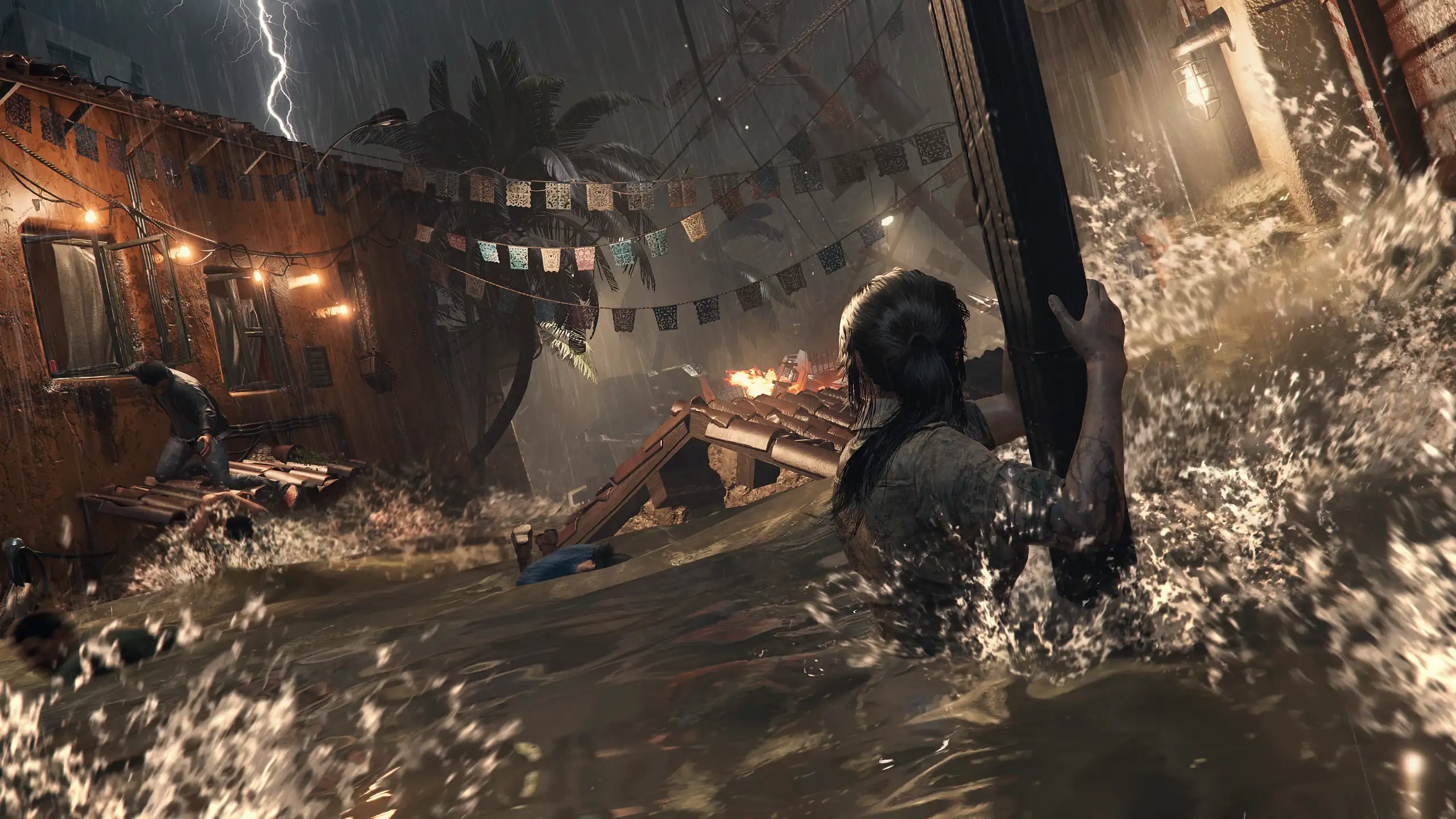 Lara Croft equipada con arco y piolet en el corazón del templo subterráneo de la diosa Ix Chel en Shadow of the Tomb Raider