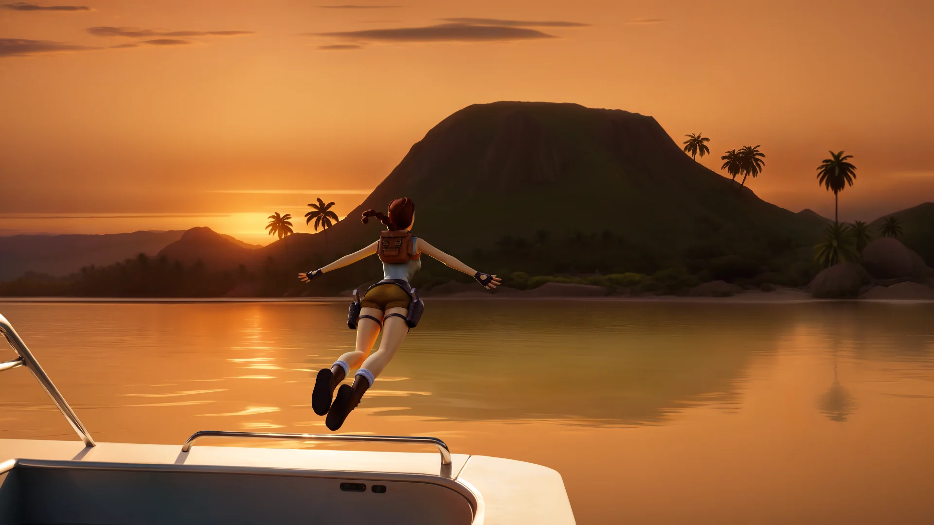 Lara Croft realizando un salto del ángel hacia la isla volcánica de la Atlántida