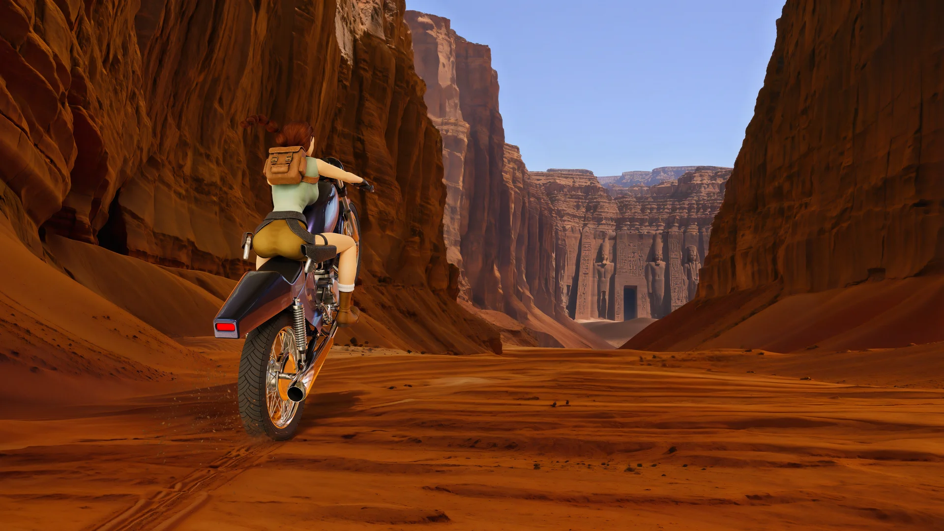 Lara Croft a lomos de su moto en el cañón hacia el Santuario del Scion en Egipto