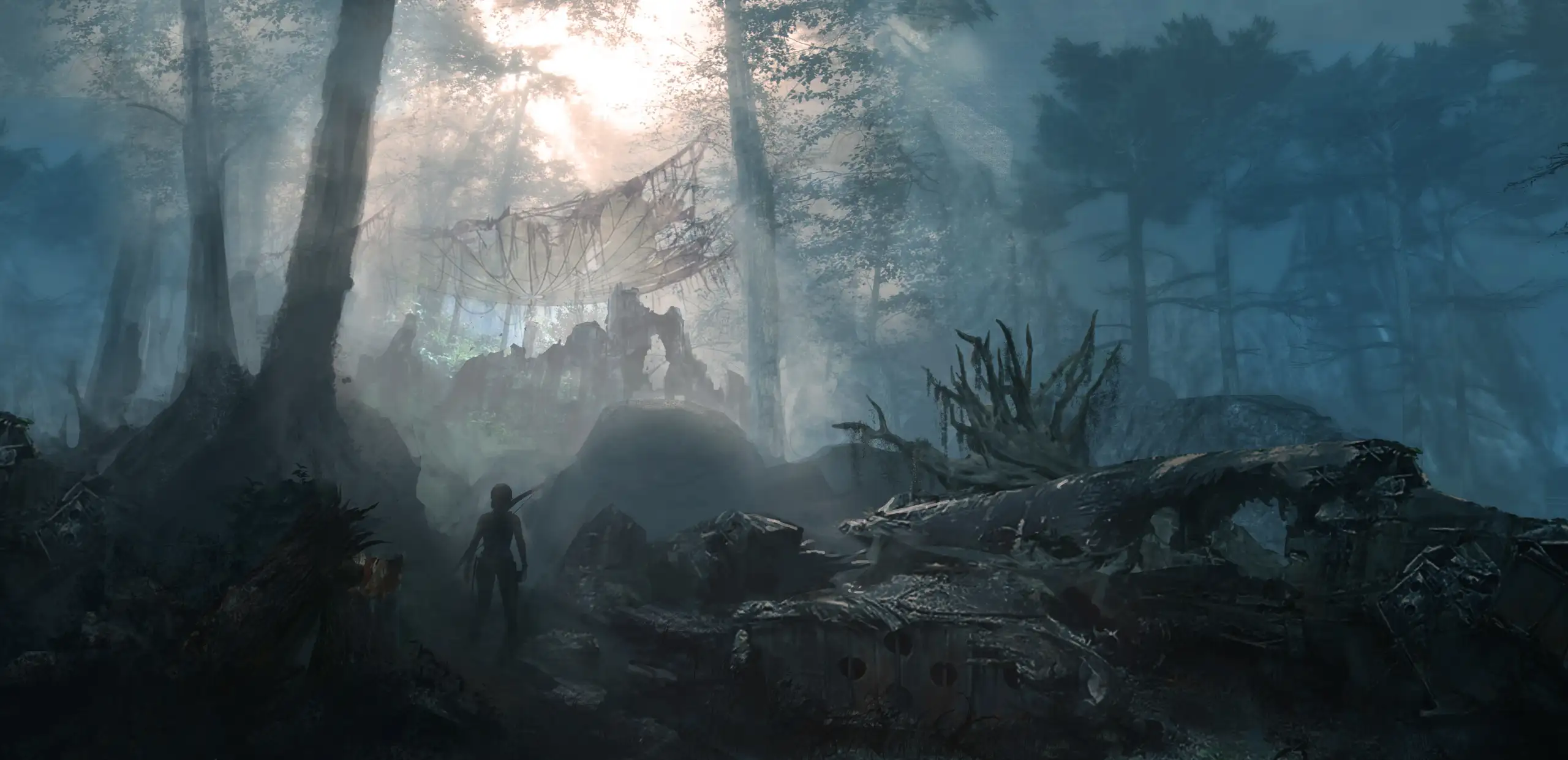 Campamento base con fogata en la espesura del bosque de Yamatai utilizado para mejorar equipo y habilidades en Tomb Raider 2013