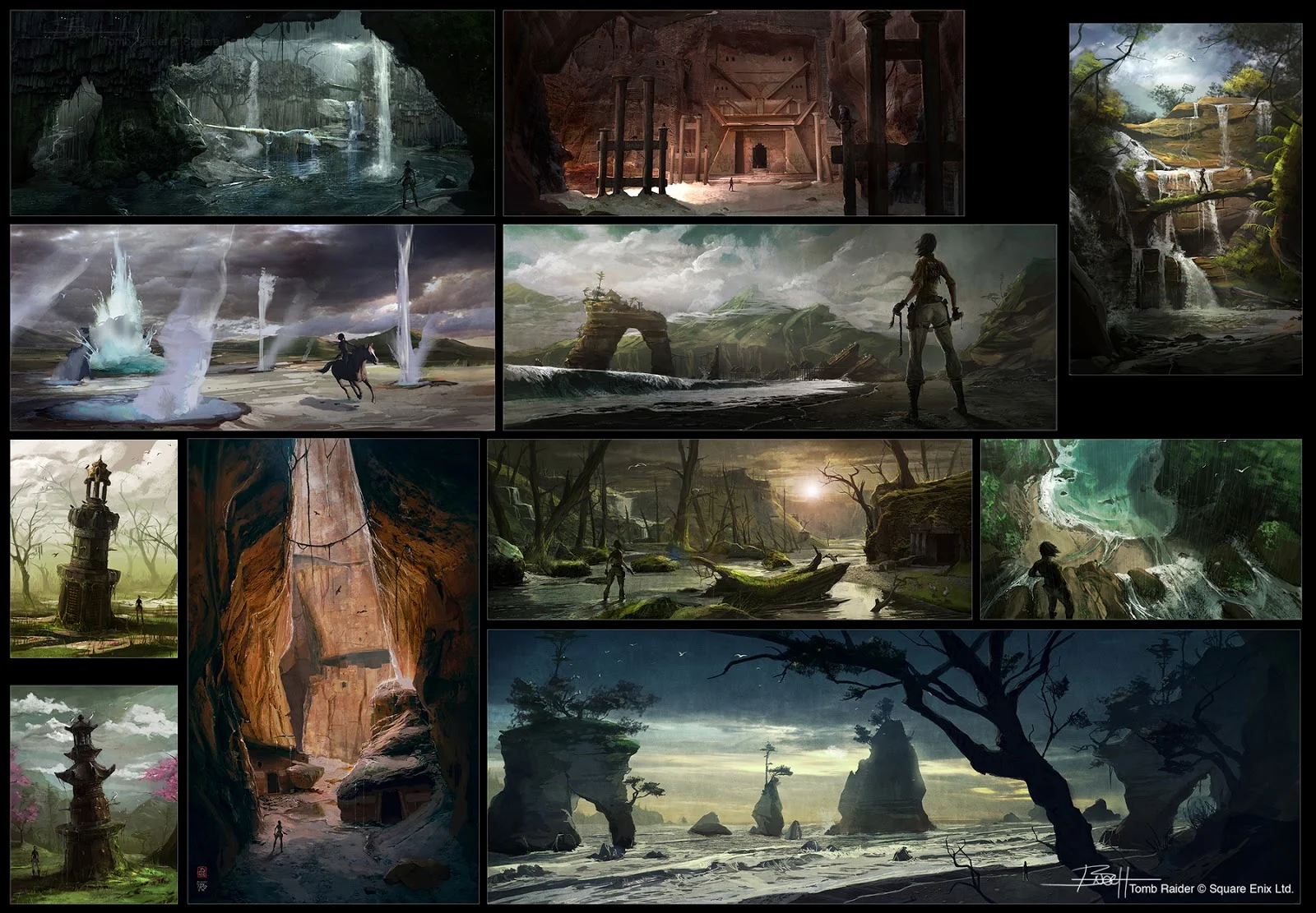Mural de arte conceptual Early Days de la isla de Yamatai para el reboot de Tomb Raider 2013