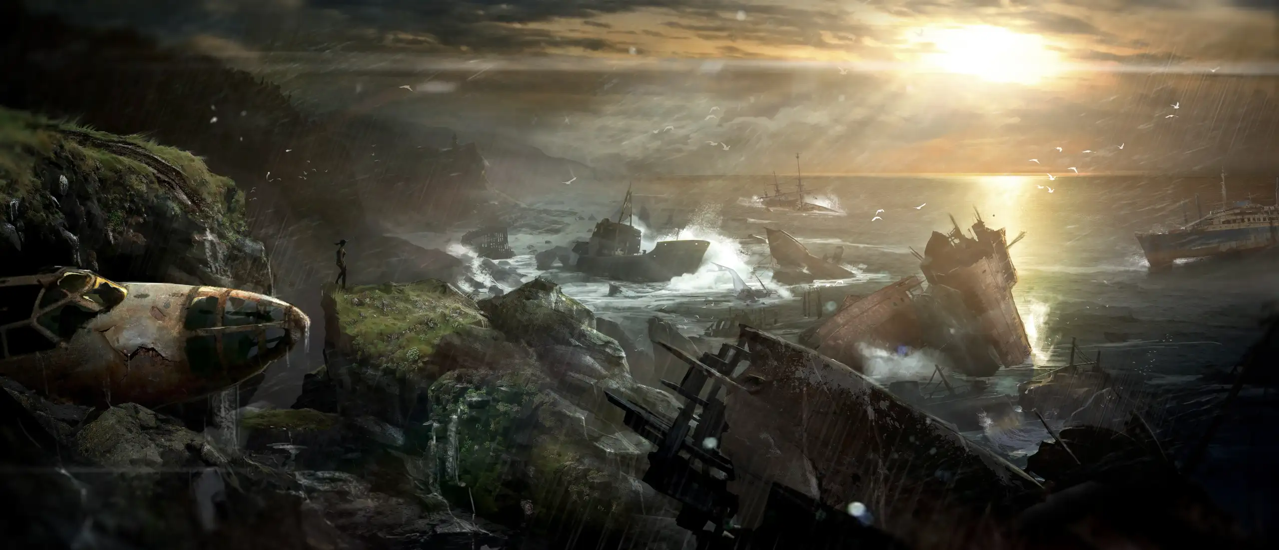 Vista panorámica de la Playa de los Naufragios en la isla de Yamatai con restos de galeones y buques encallados en Tomb Raider 2013