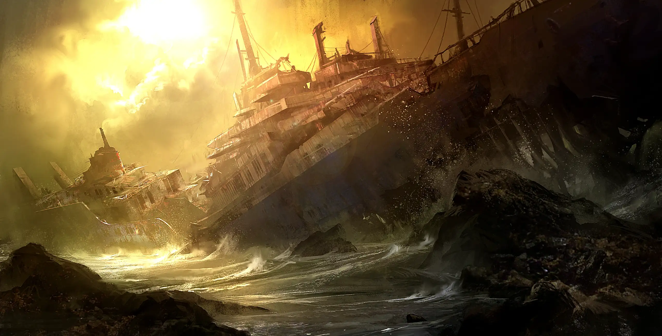 El buque de investigación Endurance navegando en aguas turbulentas hacia la misteriosa isla de Yamatai en Tomb Raider 2013