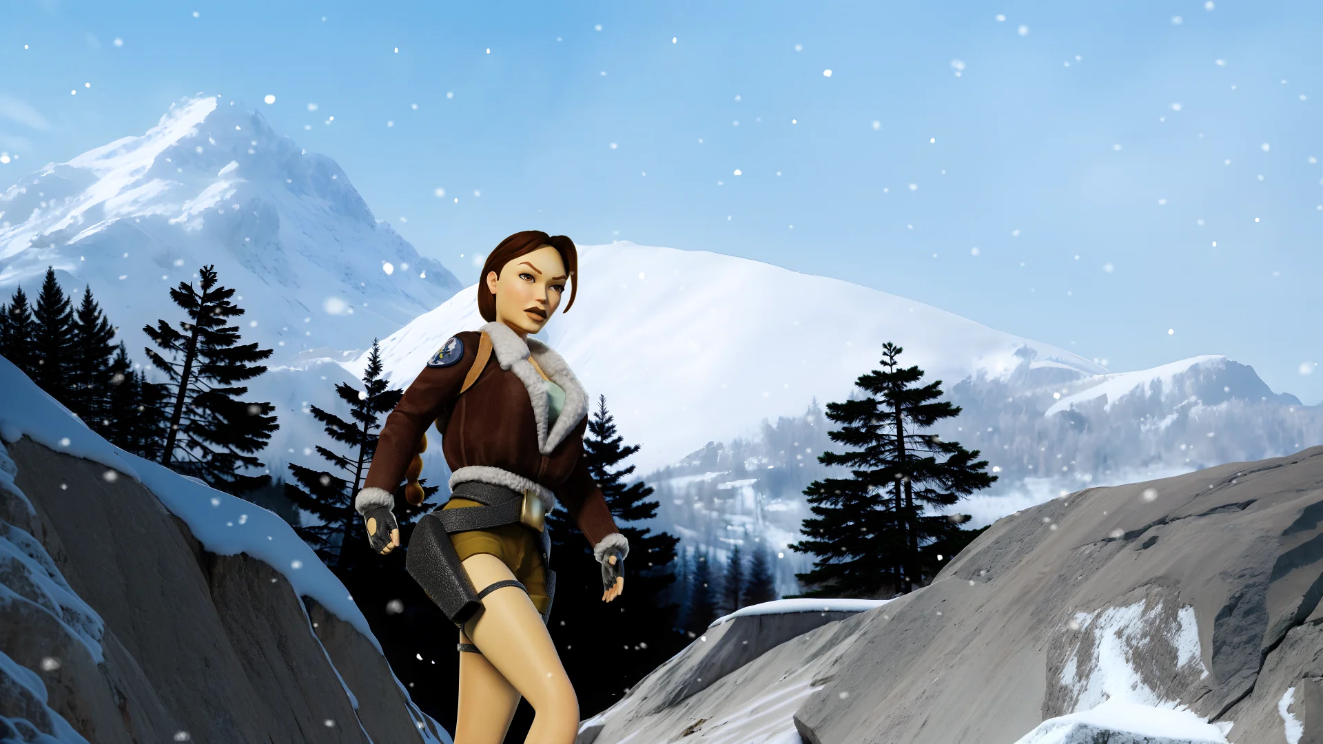 Lara Croft con cazadora de aviador bomber en las montañas nevadas del Tíbet