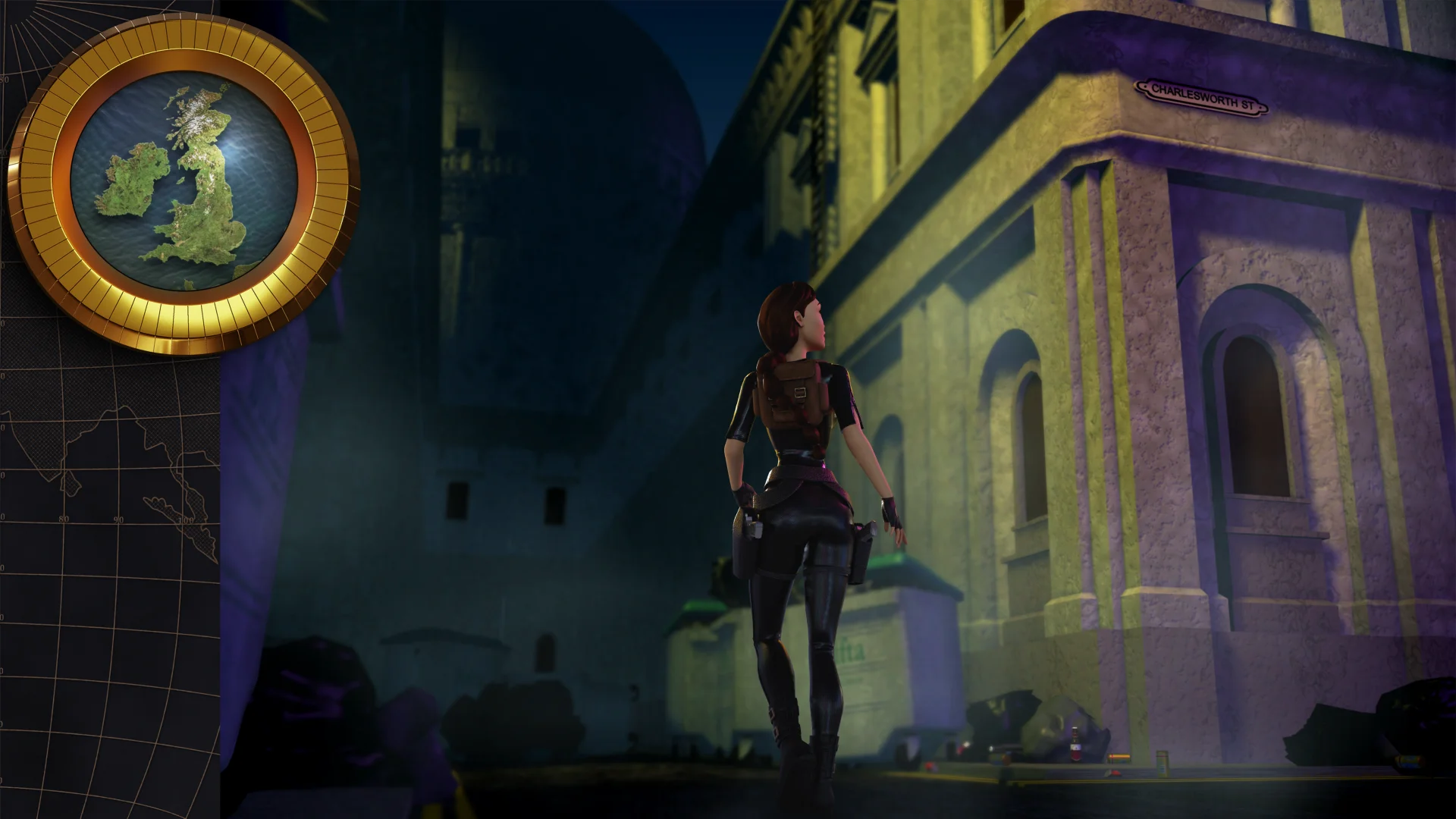 Lara Croft con el traje de sigilo Catsuit negro en las calles y tejados de Londres