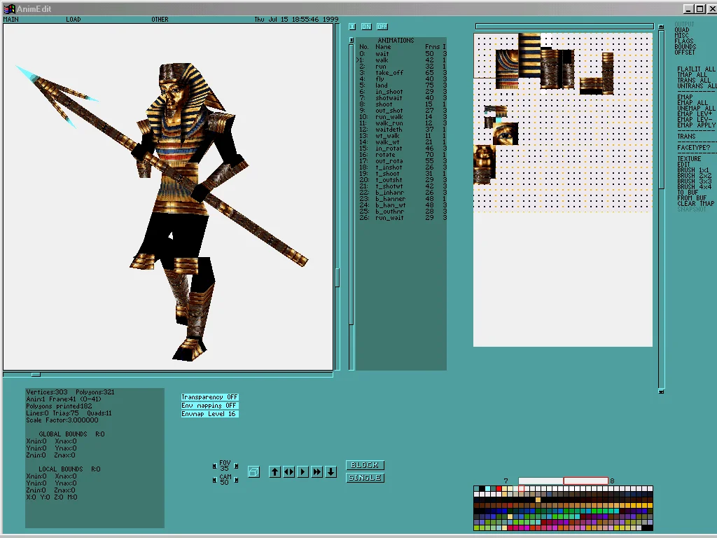 Captura del software de desarrollo interno AnimEdit de Core Design durante la producción de Tomb Raider The Last Revelation en 1999