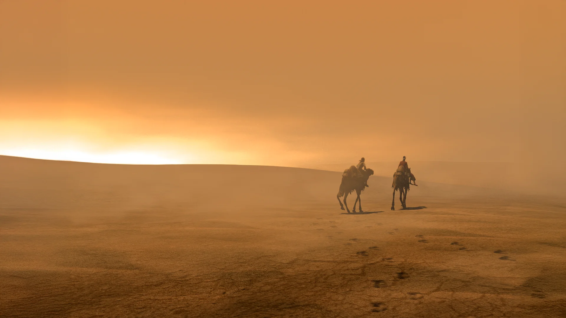 Lara Croft y su guía en camello atravesando el desierto hacia la tumba de Set en Egipto