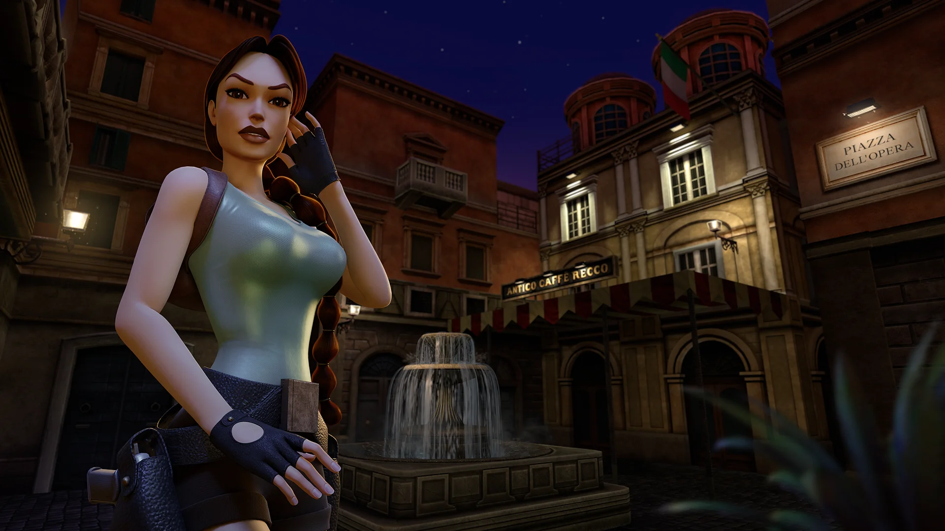 Lara Croft en la Piazza dell'Opera de Roma junto a la fuente en Tomb Raider Chronicles