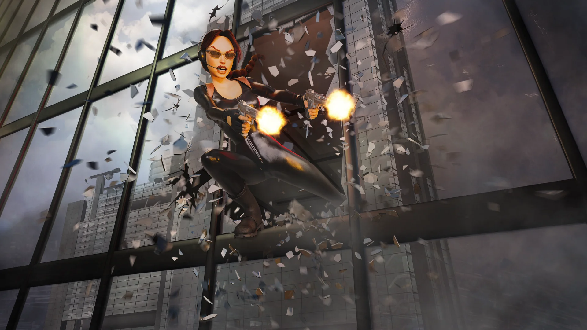 Lara Croft con traje de sigilo Catsuit rompiendo un ventanal en la Torre Von Croy