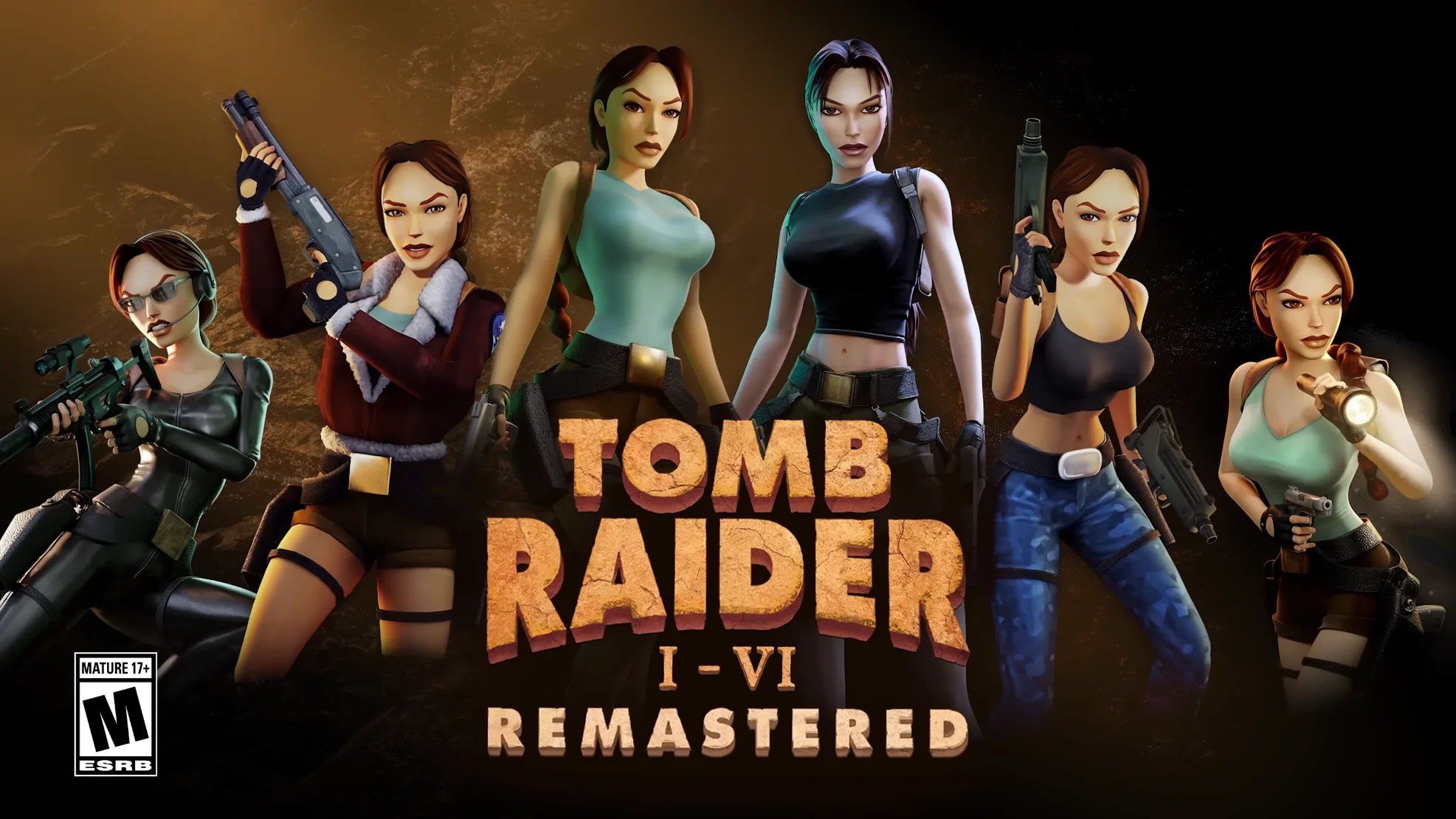 Alineación de los seis modelos de Lara Croft correspondientes a la era clásica desde Tomb Raider 1 hasta El Ángel de la Oscuridad
