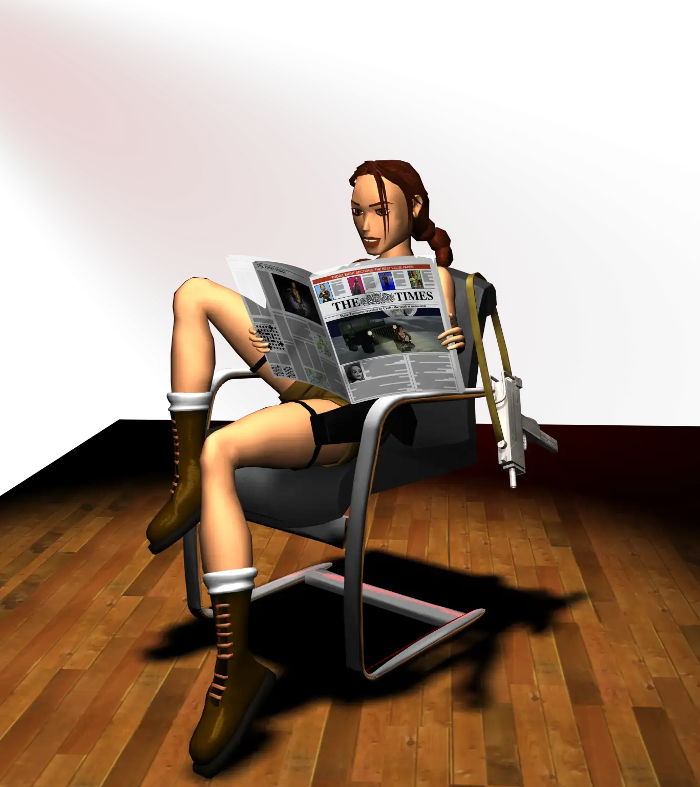 Lara Croft leyendo el periódico británico The Times en un render promocional de 1997