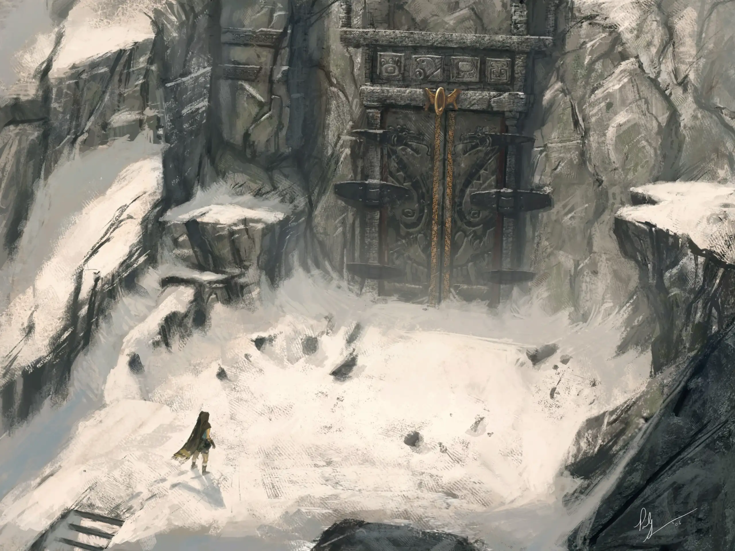 Paisaje andino y entrada monumental a las montañas de Vilcabamba en Perú en Tomb Raider Anniversary