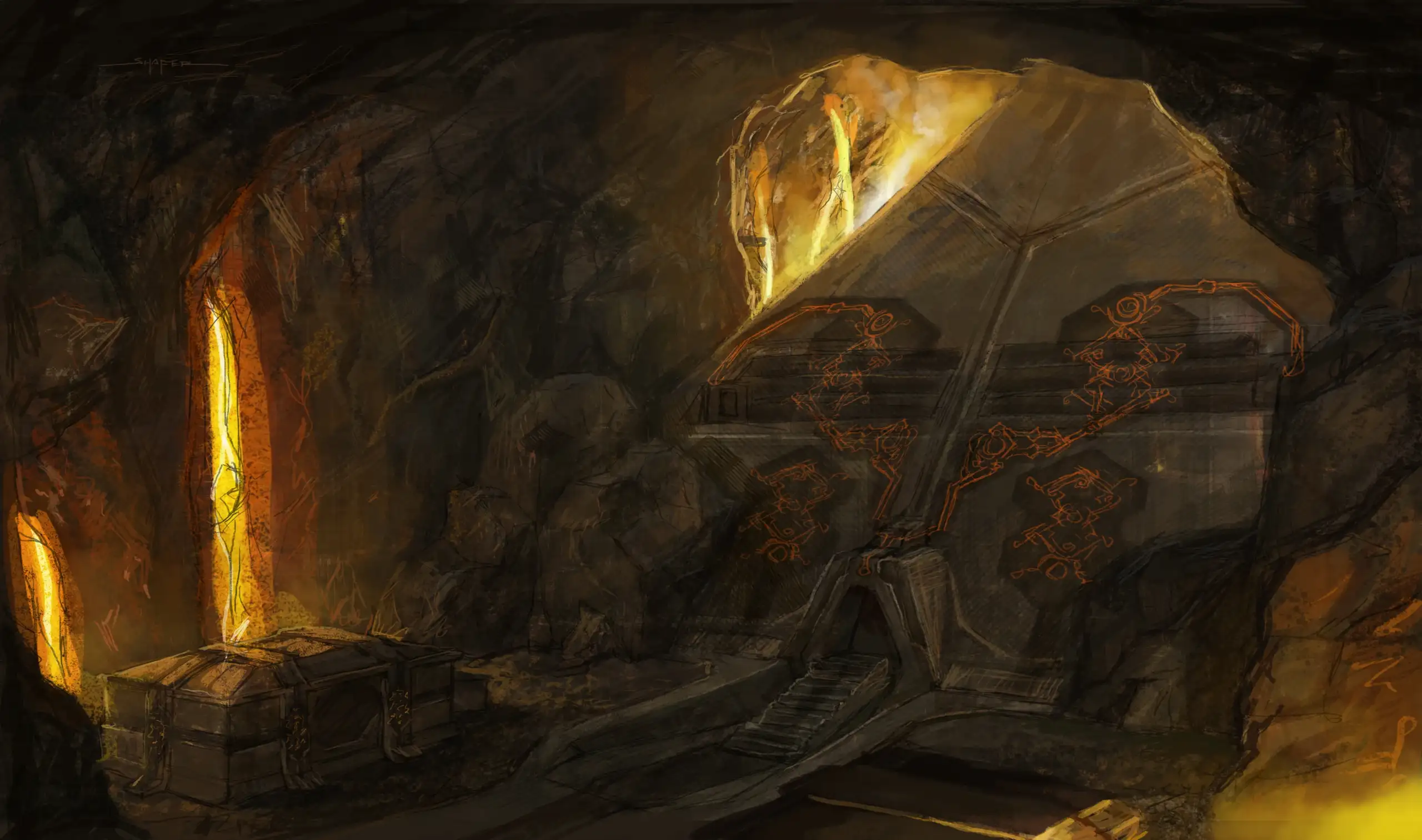 Estructura dorada y arquitectura alienígena en la entrada a la Gran Pirámide de la Atlántida en Tomb Raider Anniversary