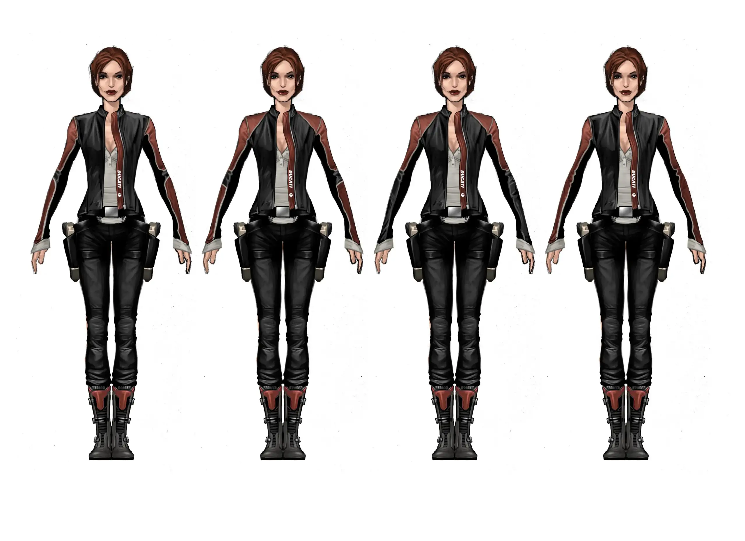 Ilustración oficial de Lara Croft con la motocicleta Ducati Monster y sus pistolas dobles en Tomb Raider Legend