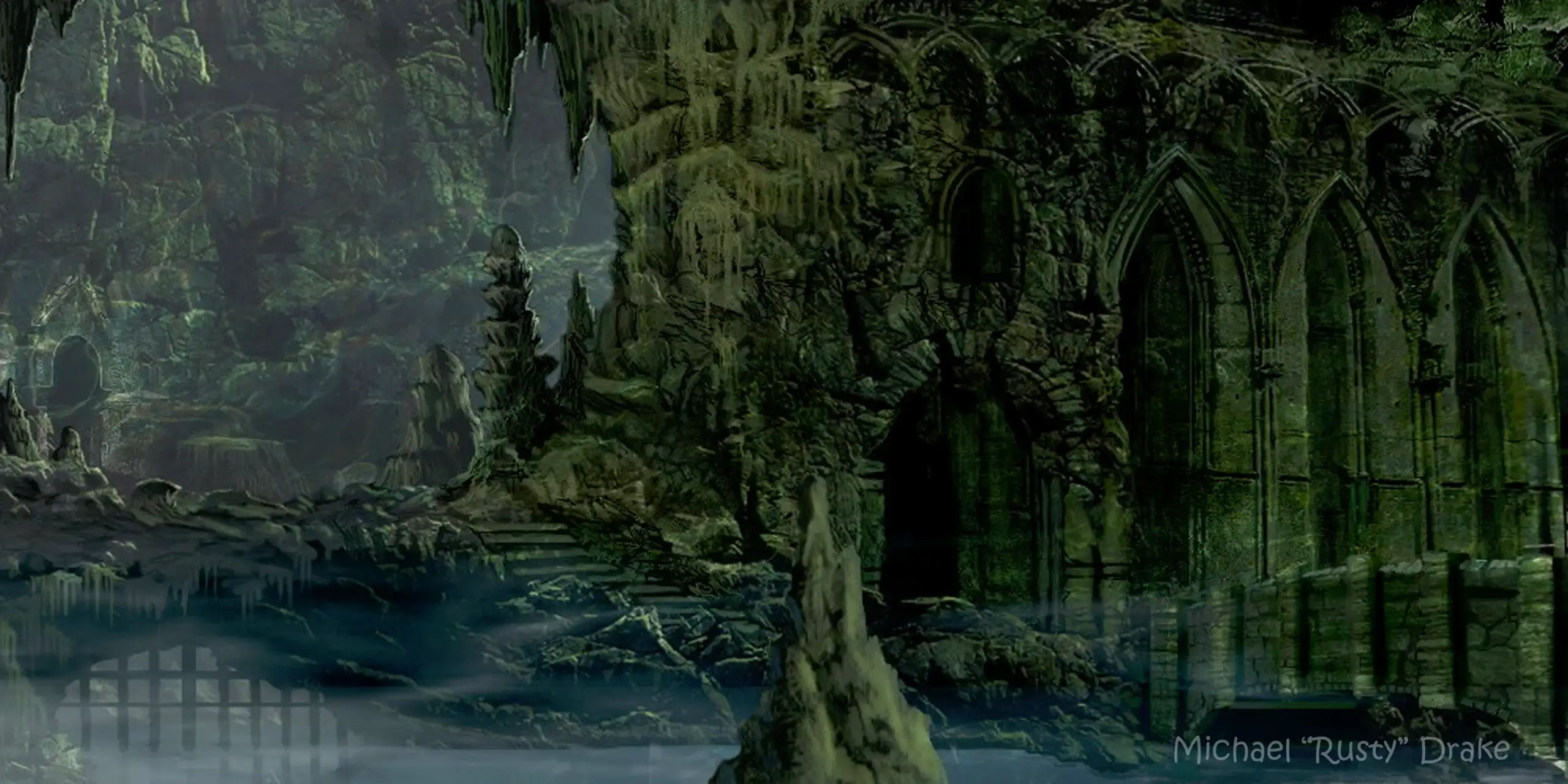 Enorme caverna subterránea con lago interior que alberga la tumba del Rey Arturo en Cornualles en Tomb Raider Legend