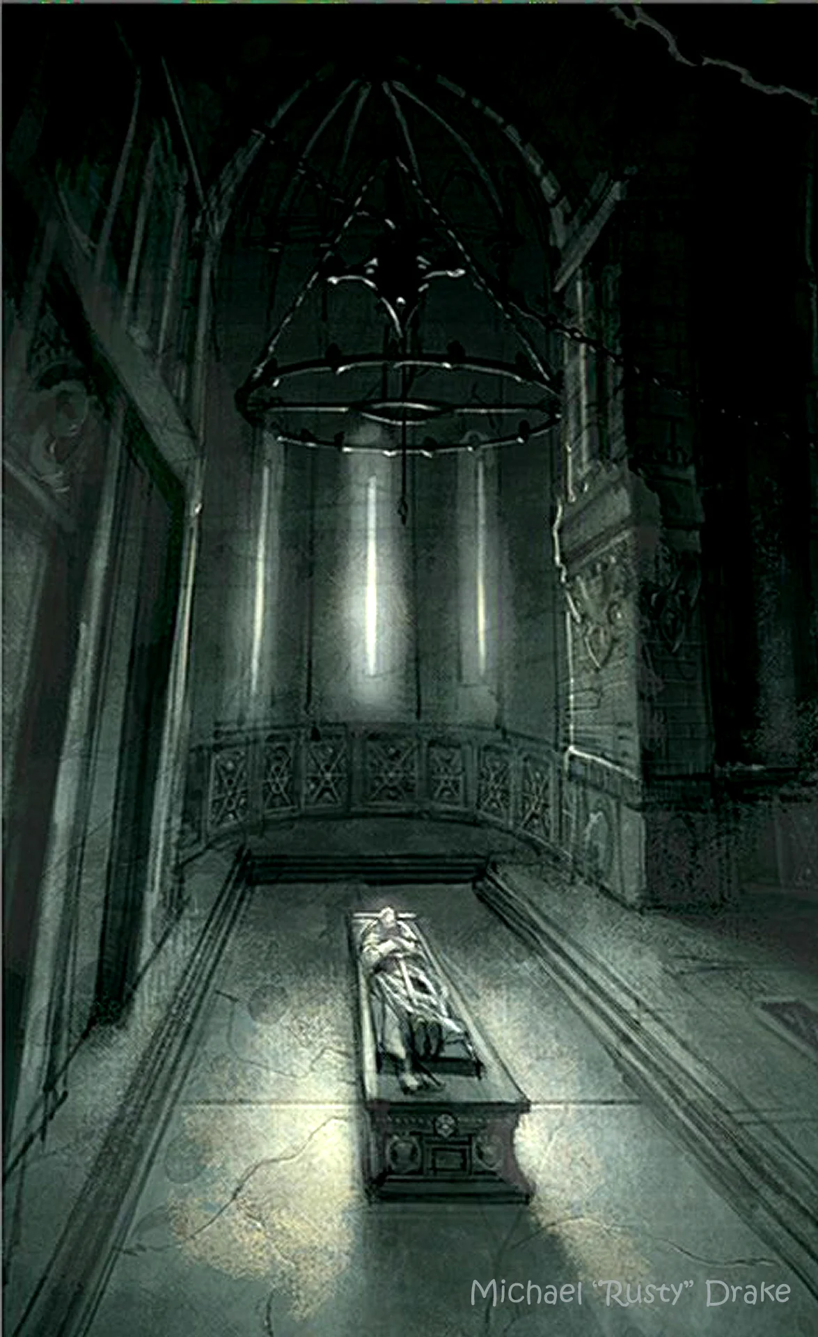 Boceto conceptual de la tumba del Rey Arturo en Cornualles para Tomb Raider Legend