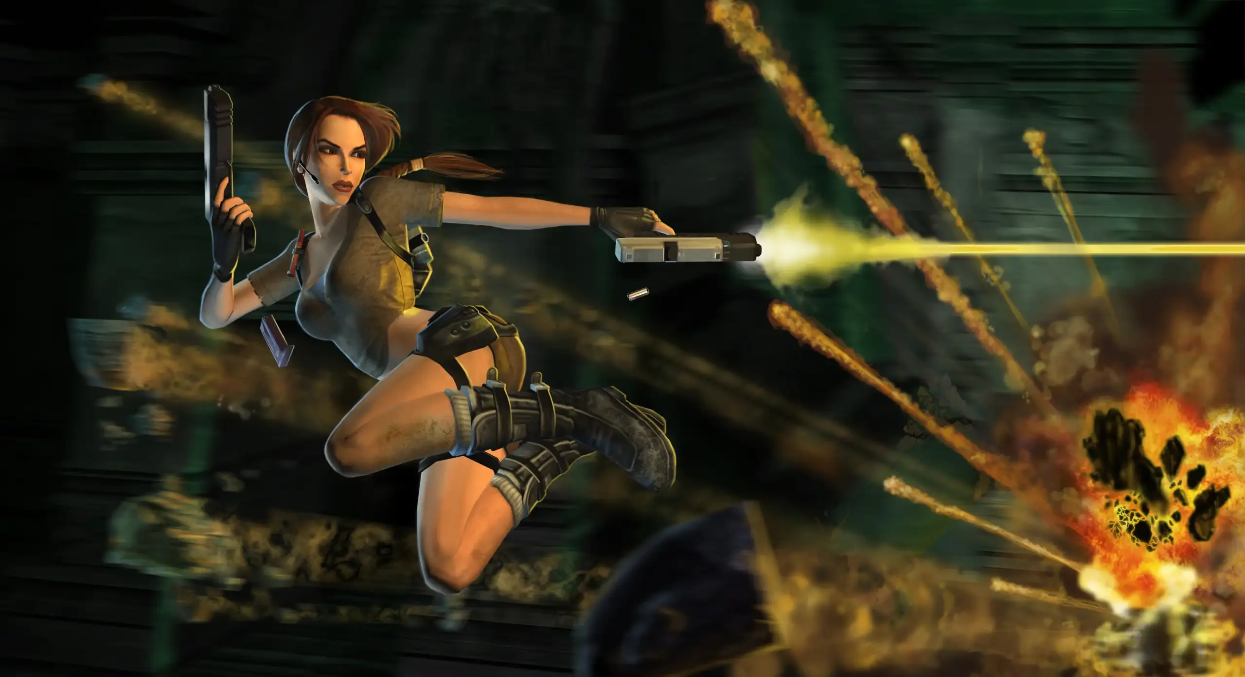 Lara Croft equipada con pistolas dobles explorando las ruinas arqueológicas de Tiwanaku en Bolivia durante Tomb Raider Legend
