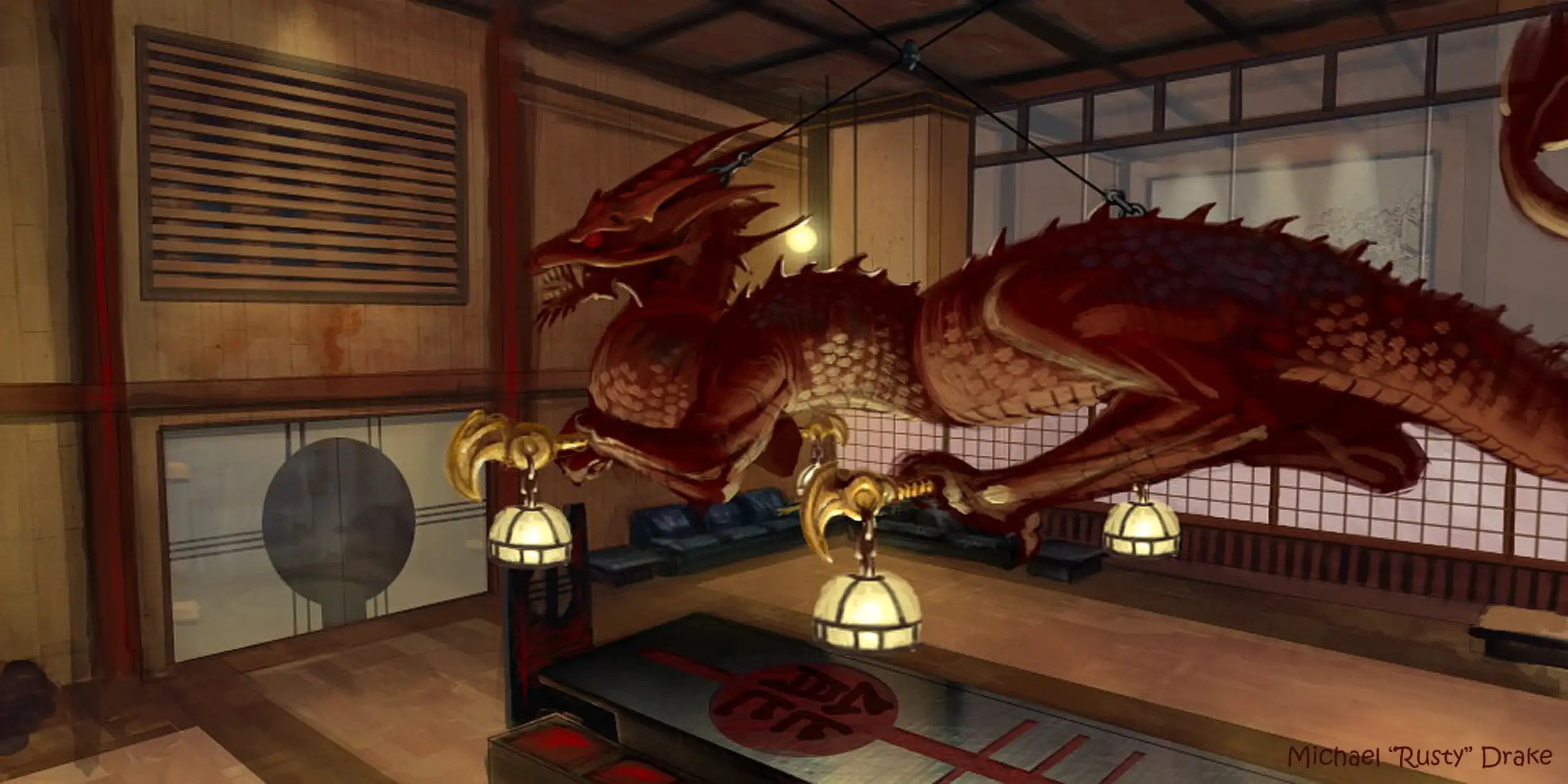Salón ceremonial con lámpara de dragón en el ático de Shogo Takamoto en Tokio en Tomb Raider Legend