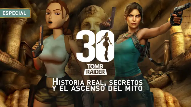 Portada especial del 30 aniversario de Tomb Raider con la Lara Croft clásica de 1996 de Core Design y la Lara Croft unificada de Legacy of Atlantis frente al Templo de Khamoon