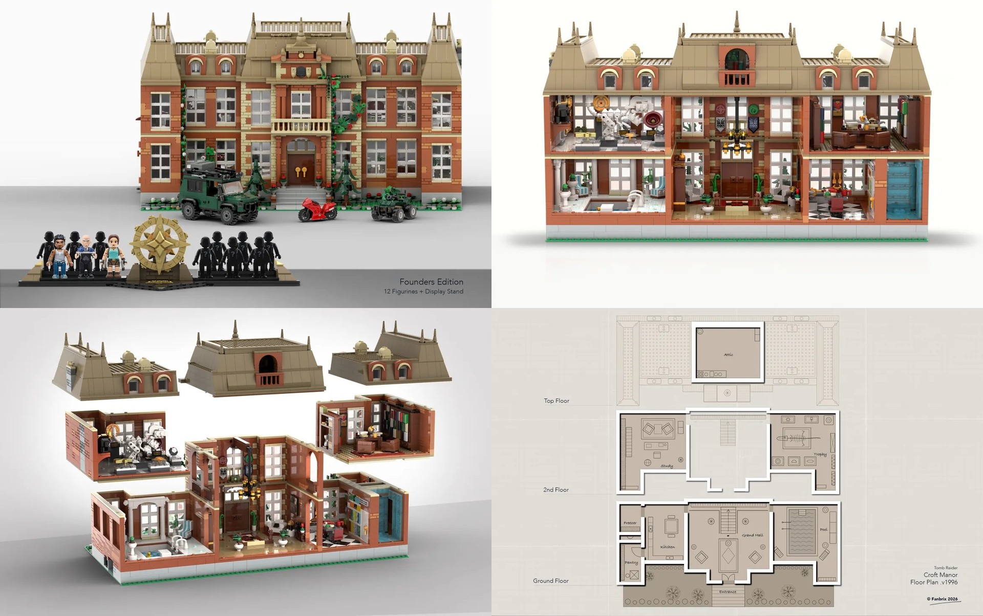 Renders y plano de la Mansión Croft de 4.400 piezas de Fanbrix en el Diario del Explorador