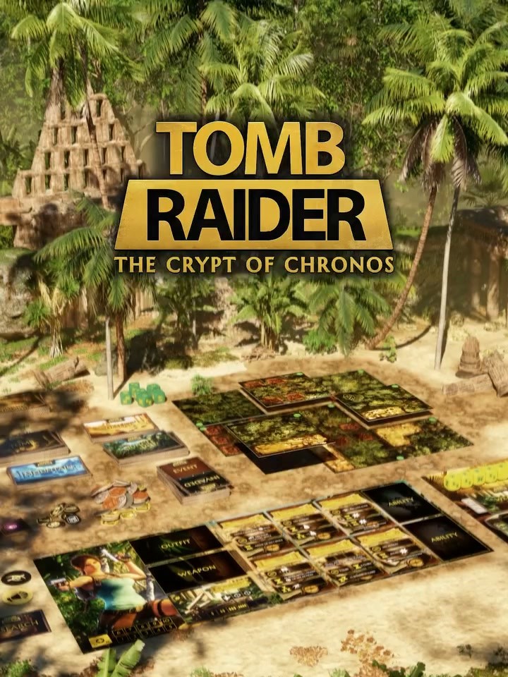Tablero y componentes del juego de mesa oficial Tomb Raider The Crypt of Chronos de Iconiq Studios en el Diario del Explorador