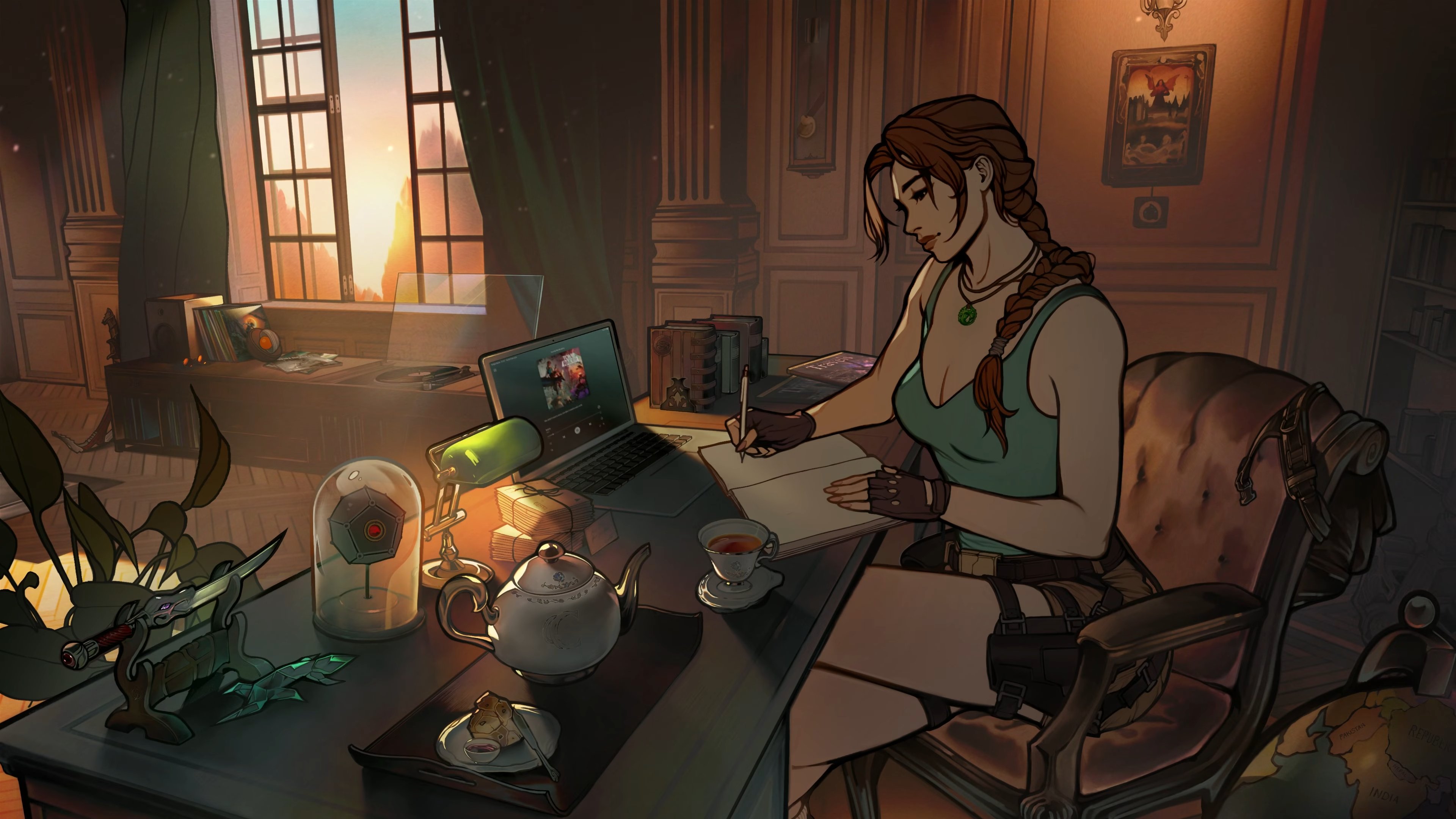 Lara Croft en su estudio en la ilustración de Tholia Bentz para el Diario del Explorador