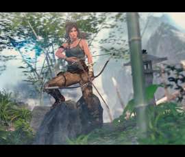 Captura en resolución 4K de Lara Croft practicando tiro con arco tradicional Kyudo