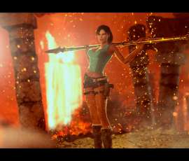 Lara Croft usando la lanza de Totec en Lara Croft and the Guardian of Light
