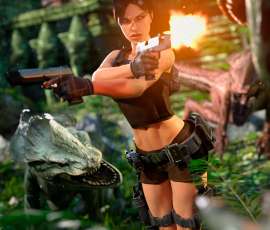 Lara Croft empuñando sus dos pistolas en ruinas nórdicas de Tomb Raider Underworld